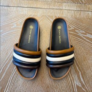 Tory Burch Quilted Colorblock Slide Sandals Napa Brown Black Women’s Size 8